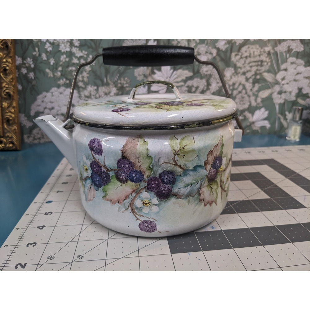 Vintage Hand Painted Blackberry Enamel Teapot Signed Strosnider White Floral
